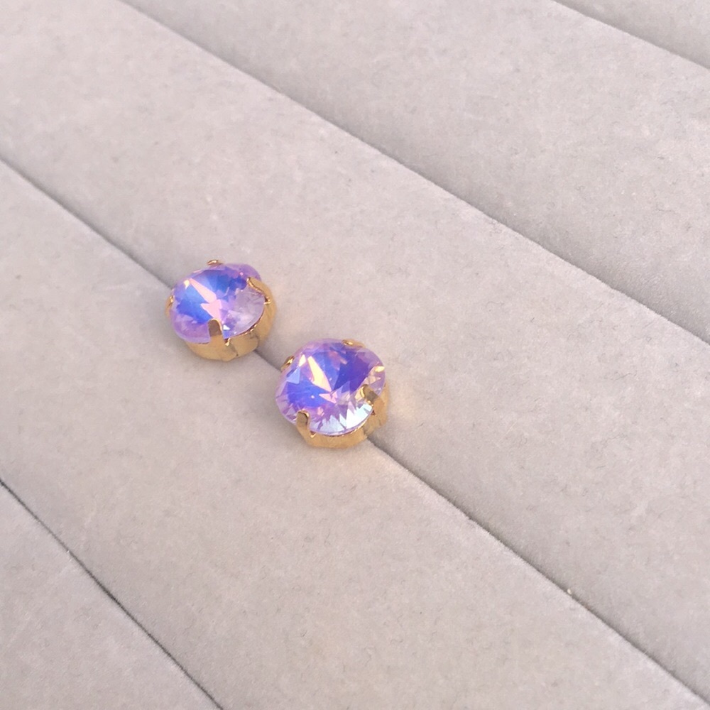 Lilac Purple Opal Aurora Borealis + Gold Cushion Cut Crystal Earrings - Picture 7 of 8
